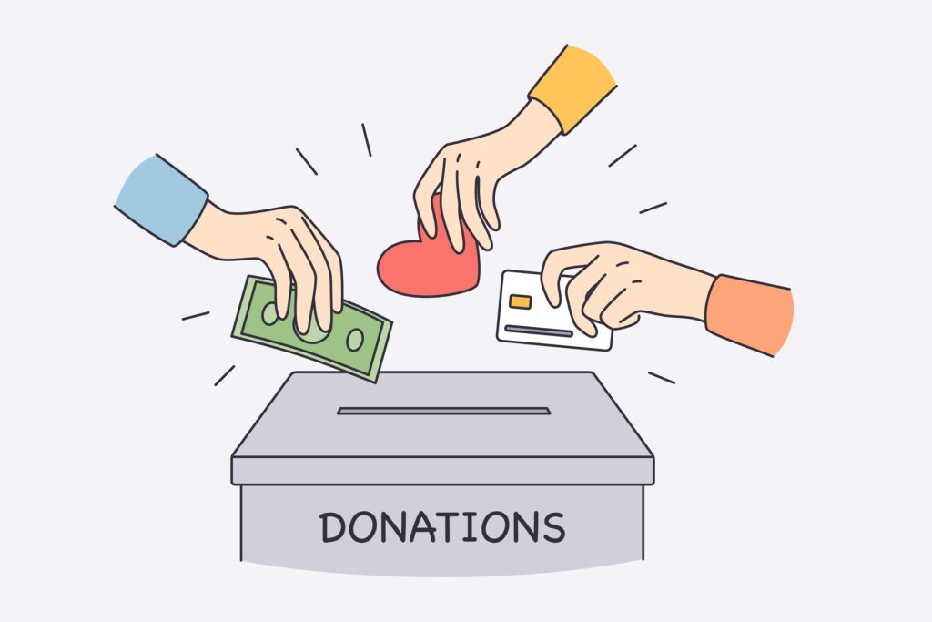 Get Involved donation box and charity concept human hands putting money cash love and heart to donation box together helping doing charity illustration free vector